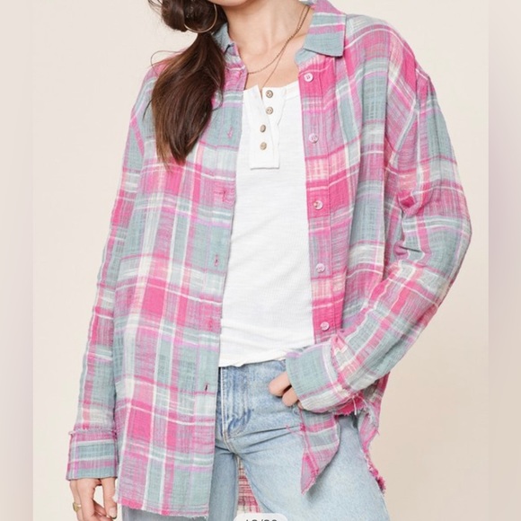 Pink Button Down Plaid Shirt - Picture 1 of 11
